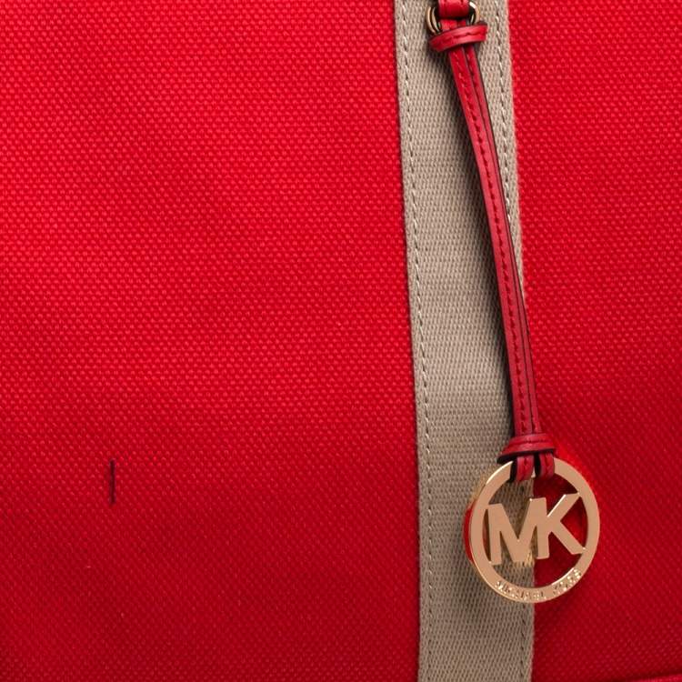 Pre Owned Michael Michael Kors Orange/Beige Canvas and Leather Shopper Tote 