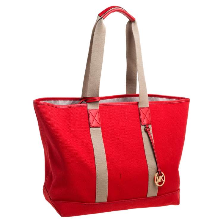 Pre Owned Michael Michael Kors Orange/Beige Canvas and Leather Shopper Tote 