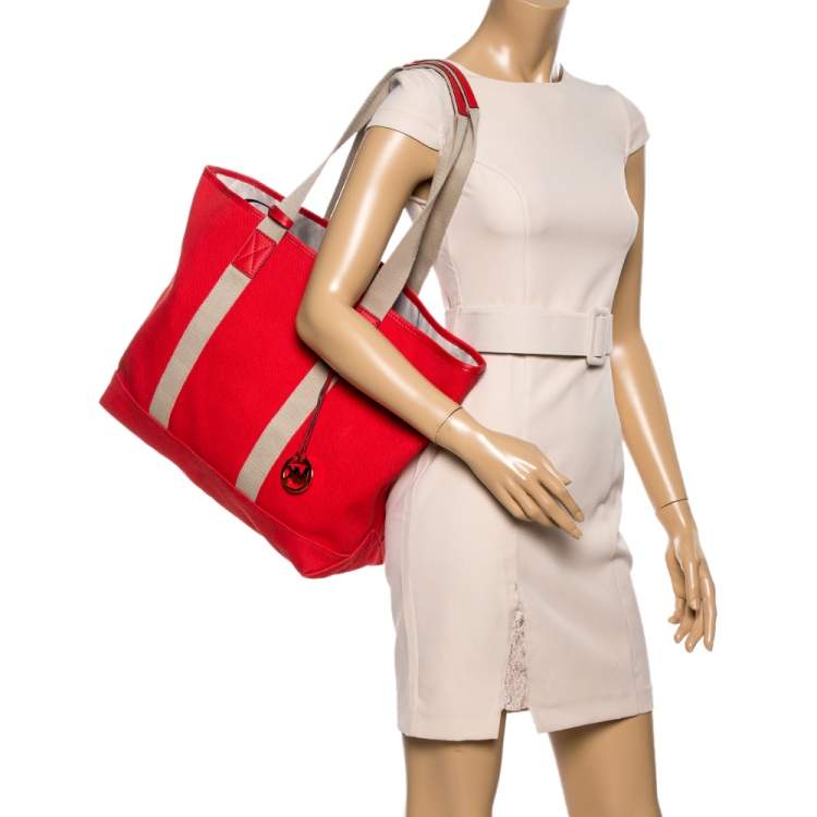 Pre Owned Michael Michael Kors Orange/Beige Canvas and Leather Shopper Tote 