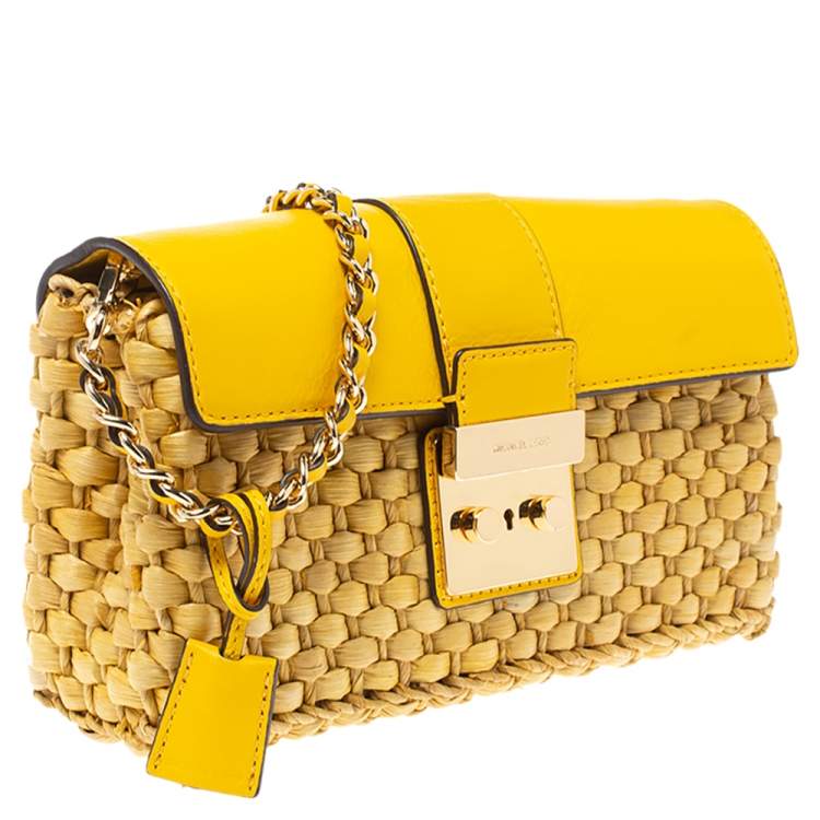 Pre Owned MICHAEL Michael Kors Mustard Woven Straw and Leather Gabriella Shoulder Bag