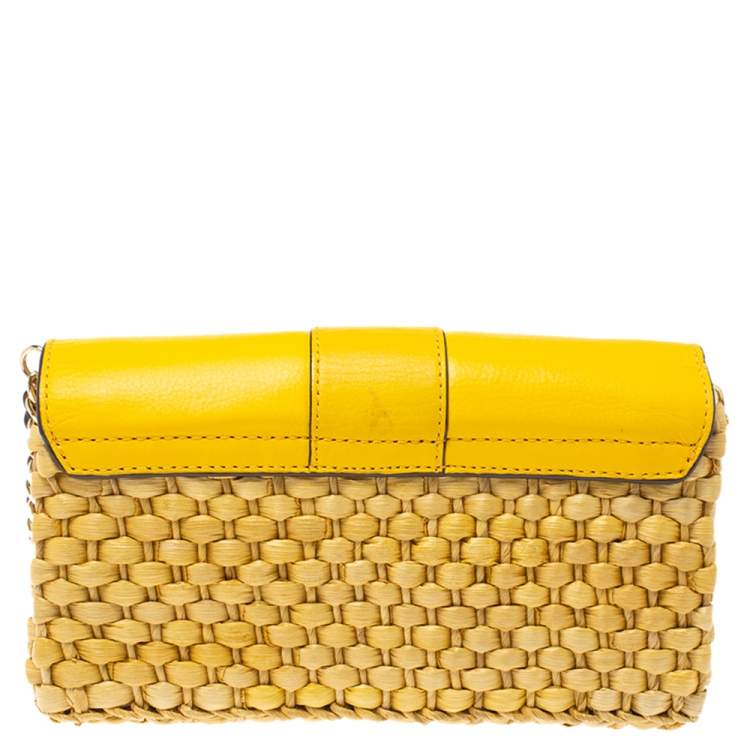 Pre Owned MICHAEL Michael Kors Mustard Woven Straw and Leather Gabriella Shoulder Bag