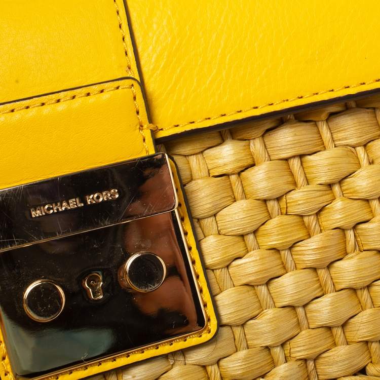 Pre Owned MICHAEL Michael Kors Mustard Woven Straw and Leather Gabriella Shoulder Bag
