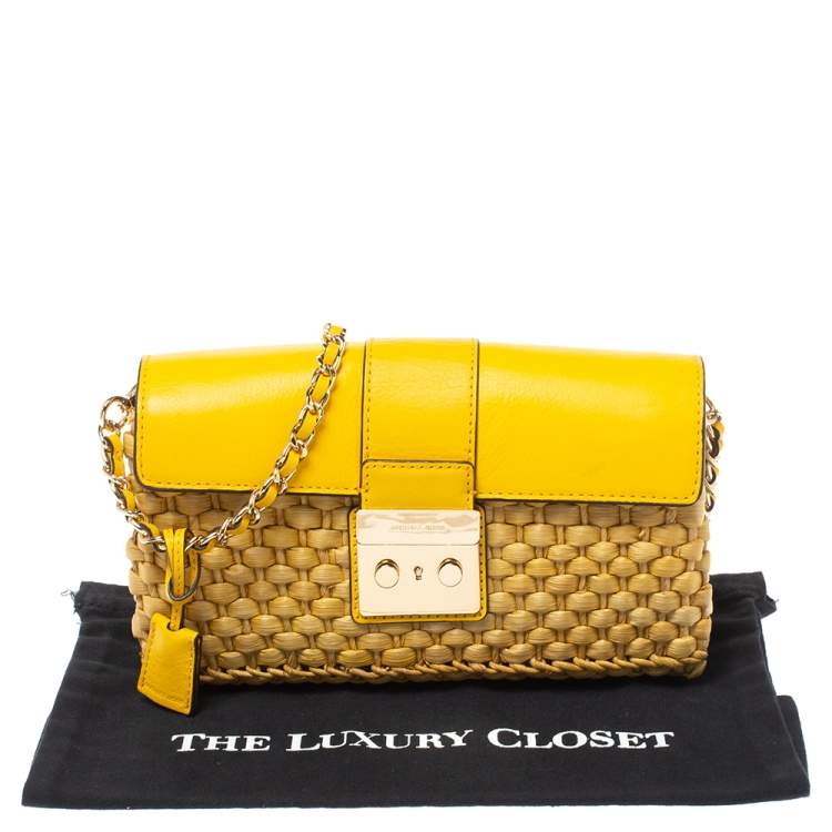 Pre Owned MICHAEL Michael Kors Mustard Woven Straw and Leather Gabriella Shoulder Bag