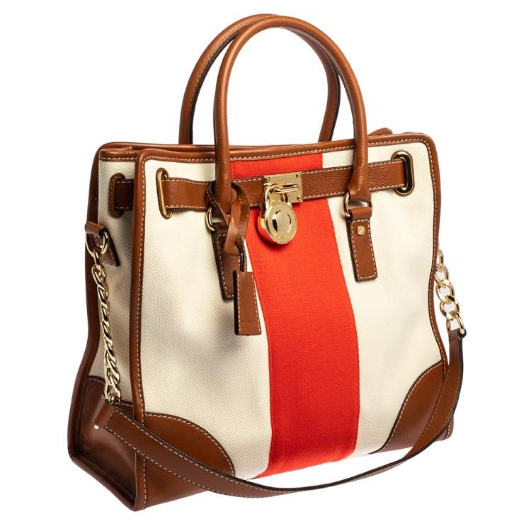 Pre Owned MICHAEL Michael Kors Tri Color Leather and Canvas Large Hamilton Tote