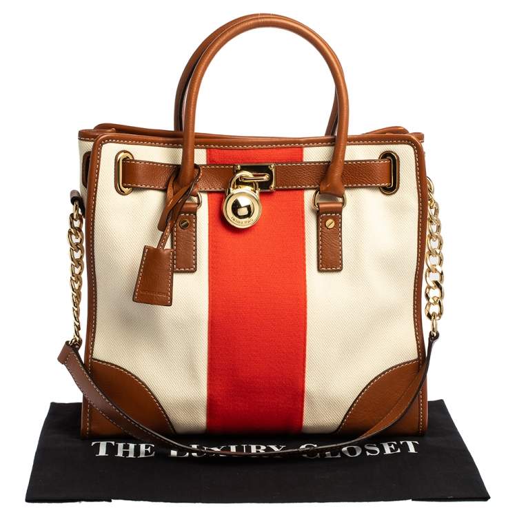 Pre Owned MICHAEL Michael Kors Tri Color Leather and Canvas Large Hamilton Tote