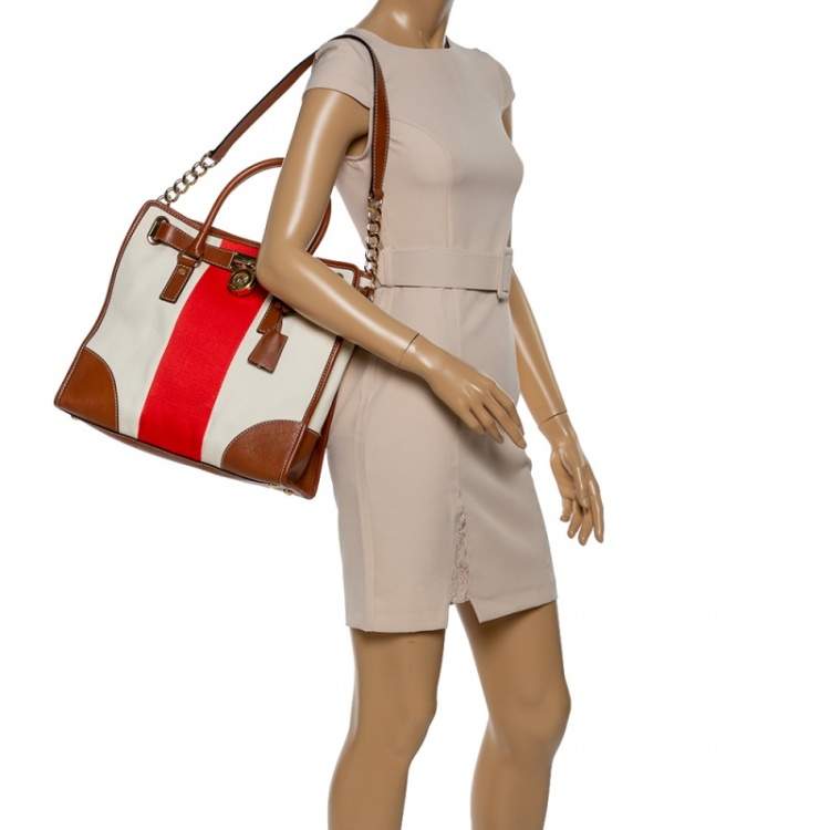 Pre Owned MICHAEL Michael Kors Tri Color Leather and Canvas Large Hamilton Tote