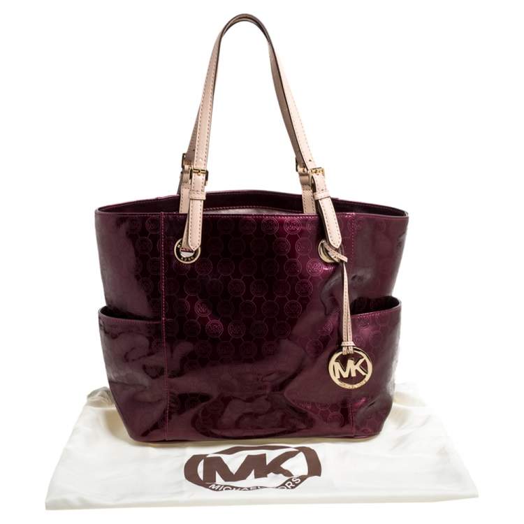 Pre Owned MICHAEL Michael Kors Purple Perforated Signature Patent Leather Middle Zip Tote
