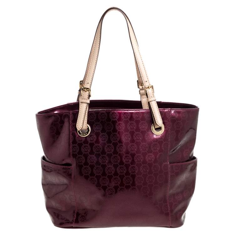 Pre Owned MICHAEL Michael Kors Purple Perforated Signature Patent Leather Middle Zip Tote