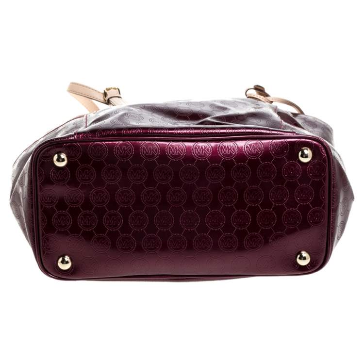 Pre Owned MICHAEL Michael Kors Purple Perforated Signature Patent Leather Middle Zip Tote