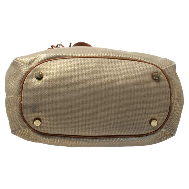 Pre Owned MICHAEL Michael Kors Gold Shimmer Canvas and Leather Tassel Drawstring Shoulder Bag