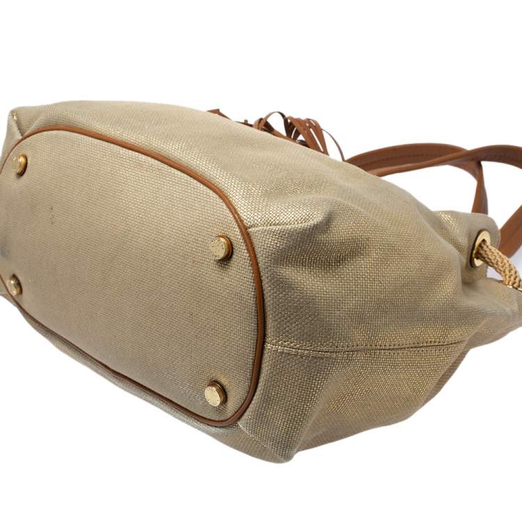 Pre Owned MICHAEL Michael Kors Gold Shimmer Canvas and Leather Tassel Drawstring Shoulder Bag
