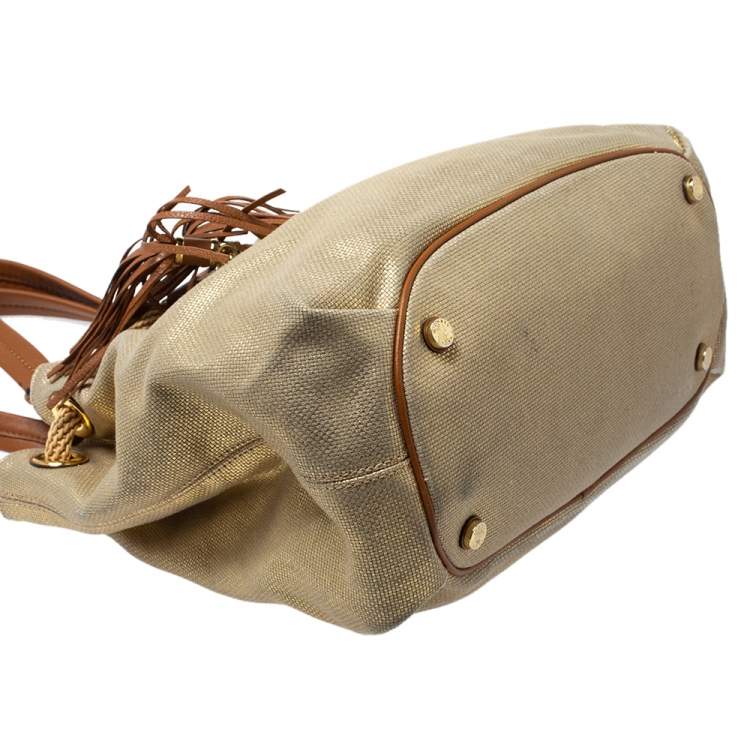 Pre Owned MICHAEL Michael Kors Gold Shimmer Canvas and Leather Tassel Drawstring Shoulder Bag