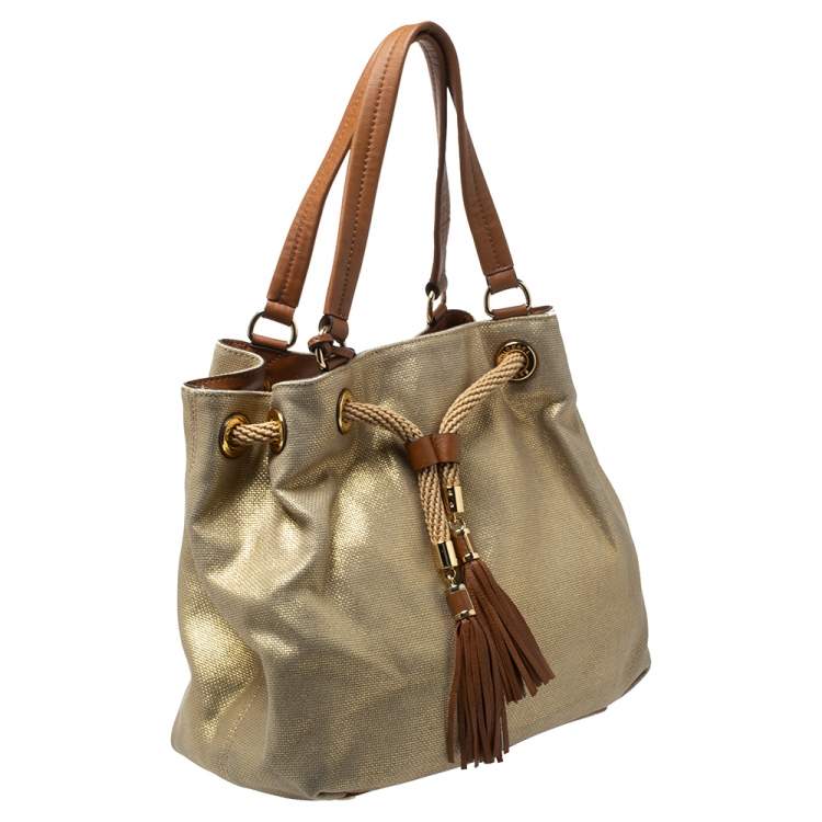 Pre Owned MICHAEL Michael Kors Gold Shimmer Canvas and Leather Tassel Drawstring Shoulder Bag