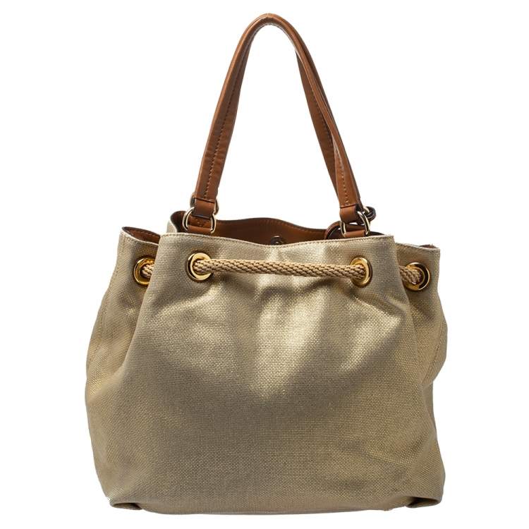 Pre Owned MICHAEL Michael Kors Gold Shimmer Canvas and Leather Tassel Drawstring Shoulder Bag