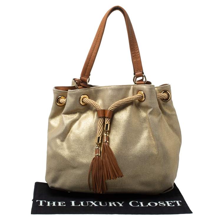 Pre Owned MICHAEL Michael Kors Gold Shimmer Canvas and Leather Tassel Drawstring Shoulder Bag