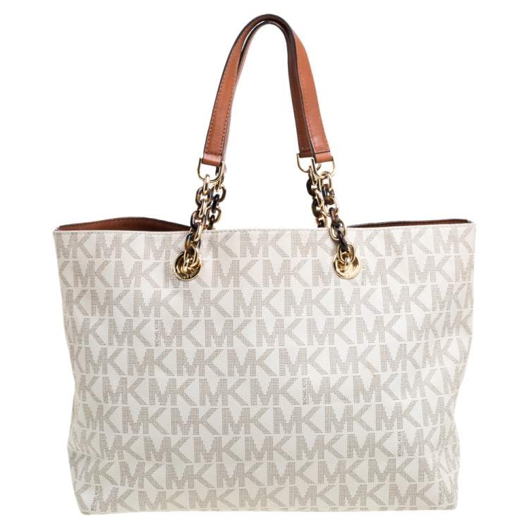 Pre Owned MICHAEL Michael Kors White Signature Coated Canvas Cynthia Shopper Tote