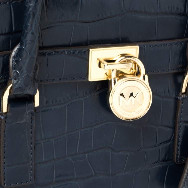 Pre Owned MICHAEL Michael Kors Blue Croc Embossed Leather Hamilton East West Satchel