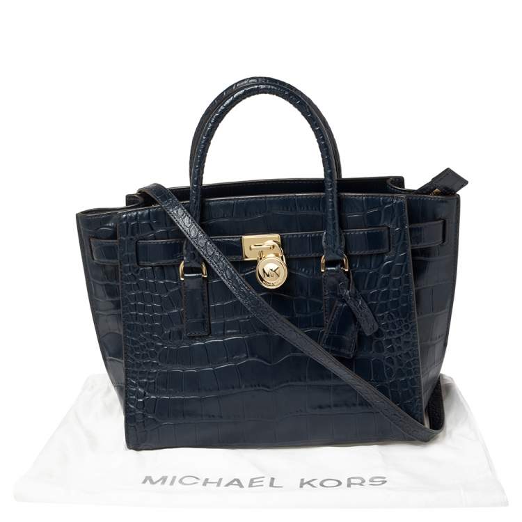 Pre Owned MICHAEL Michael Kors Blue Croc Embossed Leather Hamilton East West Satchel