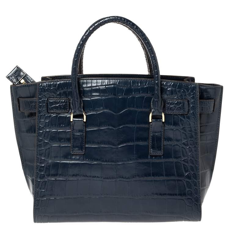 Pre Owned MICHAEL Michael Kors Blue Croc Embossed Leather Hamilton East West Satchel