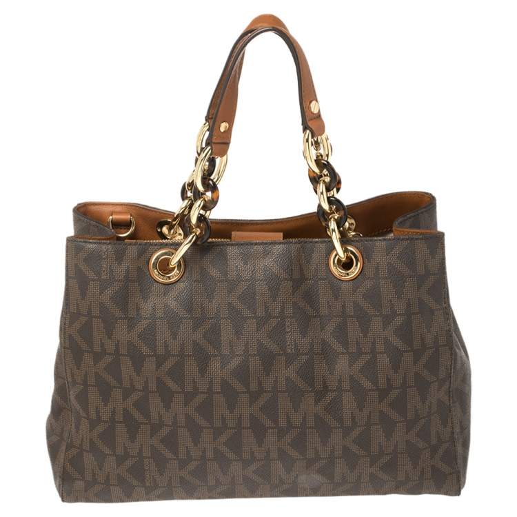 Pre Owned MICHAEL Michael Kors Brown Signature Coated Canvas Medium Cynthia Tote