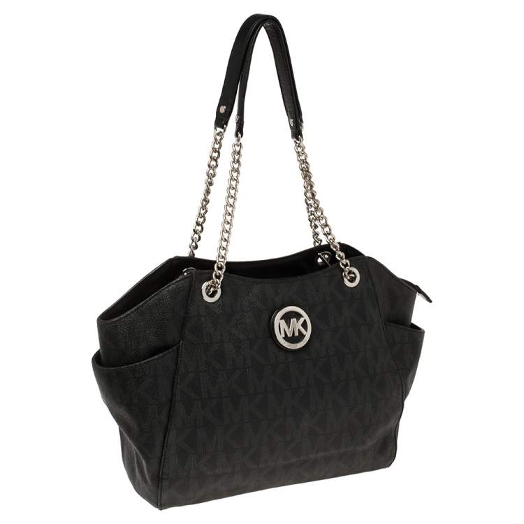 Pre Owned MICHAEL Micheal Kors Black Signature Canvas Jet Set Travel Chain Tote