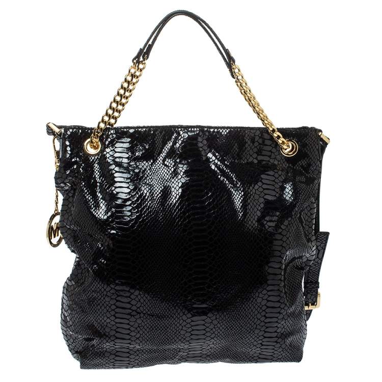 Pre Owned MICHAEL Michael Kors Black Python Effect Patent Leather Chain Shoulder Bag