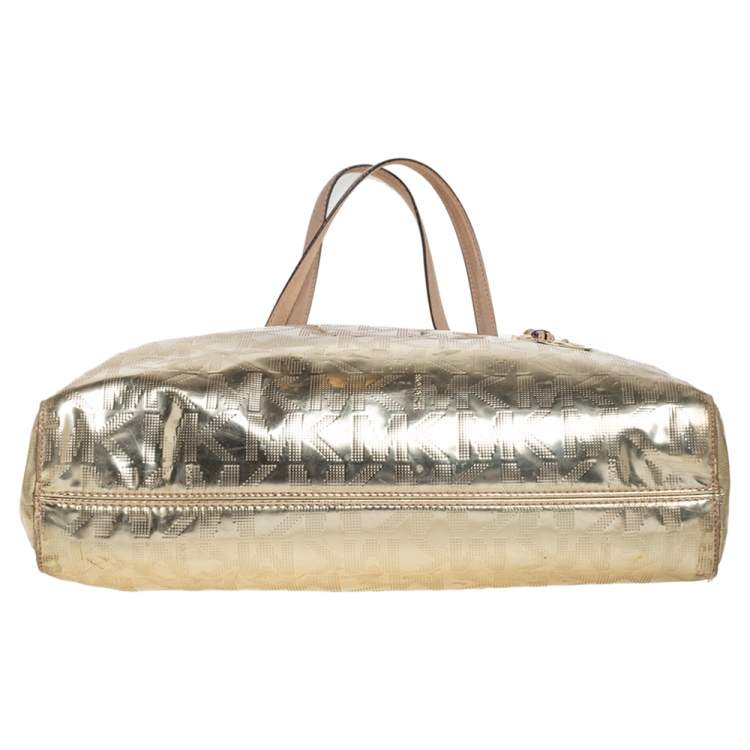 مملوكة مسبقًا MICHAEL Michael Kors Metallic Gold Mirror Signature PVC and Leather North South Jet Set Tote