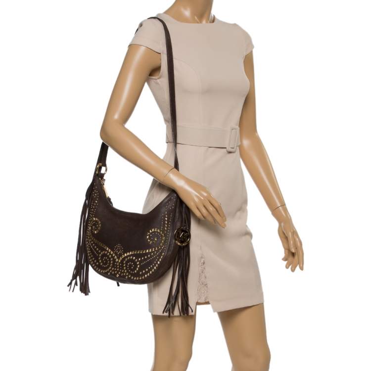Pre Owned MICHAEL Michael Kors Brown Leather Studded Rhea Crossbody Bag