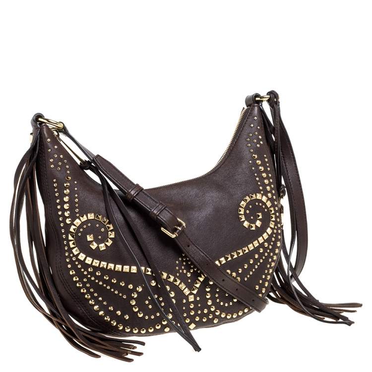 Pre Owned MICHAEL Michael Kors Brown Leather Studded Rhea Crossbody Bag