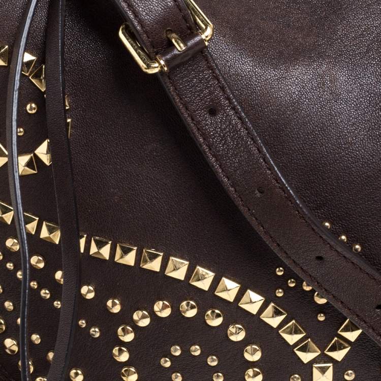 Pre Owned MICHAEL Michael Kors Brown Leather Studded Rhea Crossbody Bag