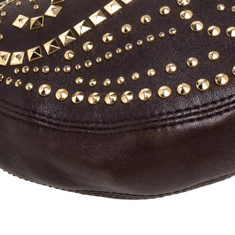 Pre Owned MICHAEL Michael Kors Brown Leather Studded Rhea Crossbody Bag