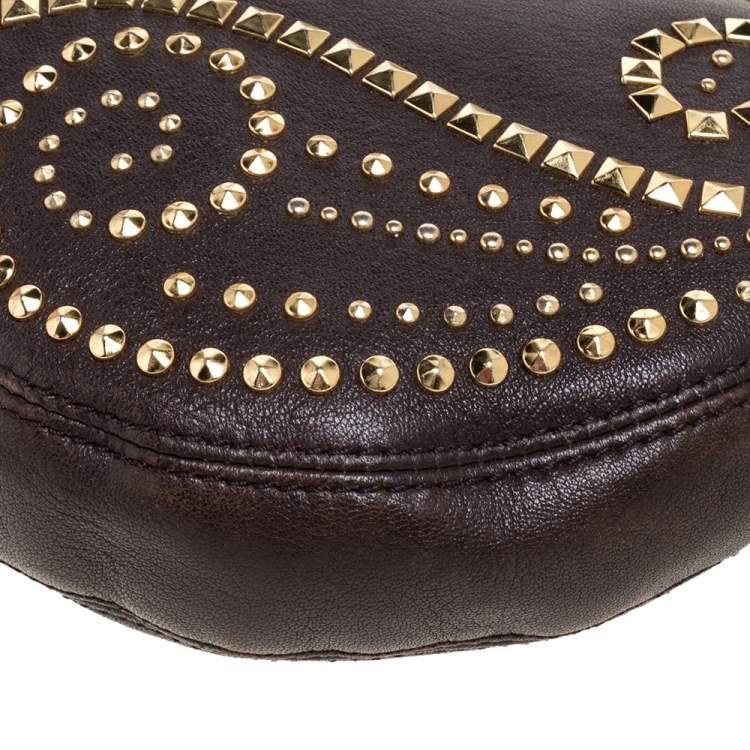 Pre Owned MICHAEL Michael Kors Brown Leather Studded Rhea Crossbody Bag