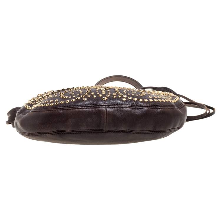 Pre Owned MICHAEL Michael Kors Brown Leather Studded Rhea Crossbody Bag