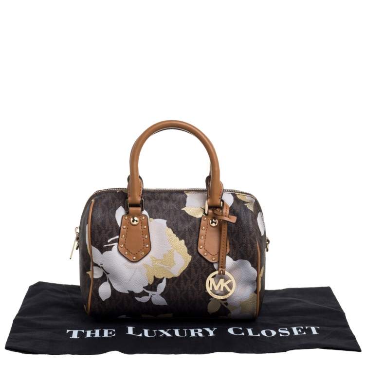 مملوكة مسبقًا MICHAEL Michael Kors Brown Signature Floral Coated Canvas and Leather Small Aria Satchel