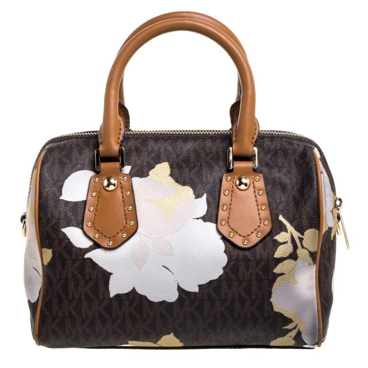 مملوكة مسبقًا MICHAEL Michael Kors Brown Signature Floral Coated Canvas and Leather Small Aria Satchel