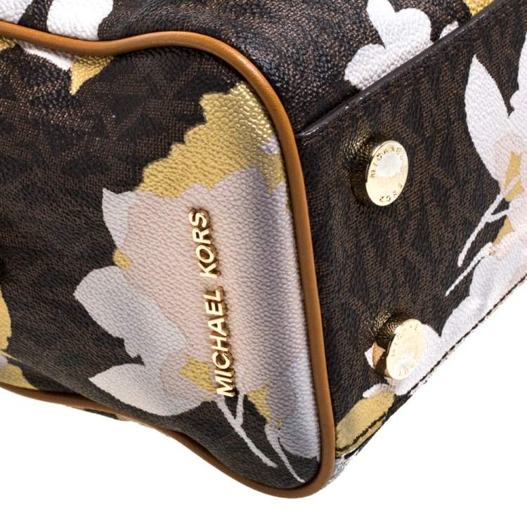 مملوكة مسبقًا MICHAEL Michael Kors Brown Signature Floral Coated Canvas and Leather Small Aria Satchel