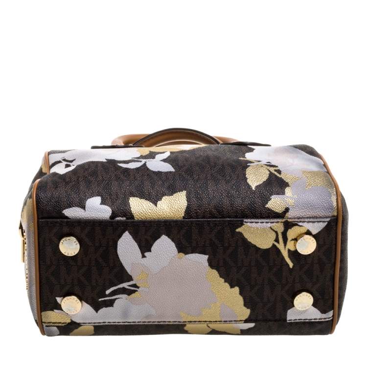 مملوكة مسبقًا MICHAEL Michael Kors Brown Signature Floral Coated Canvas and Leather Small Aria Satchel