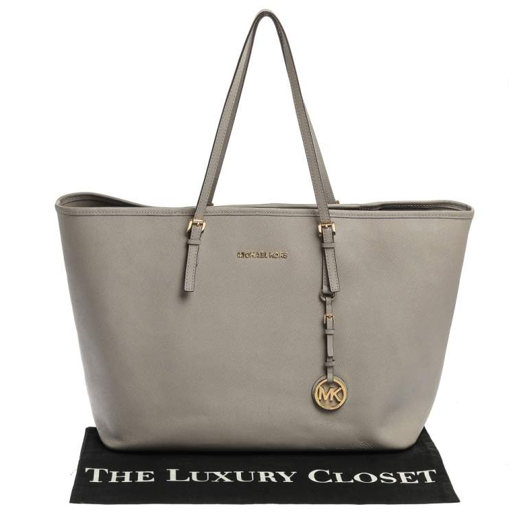 Pre Owned Michael Michael Kors Grey Leather Large Jet Set Travel Tote