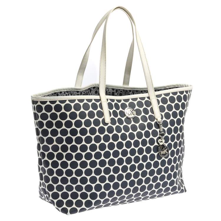 Pre Owned MICHAEL Michael Kors Blue/White Polka Dot Saffiano Leather Jet Set Tote
