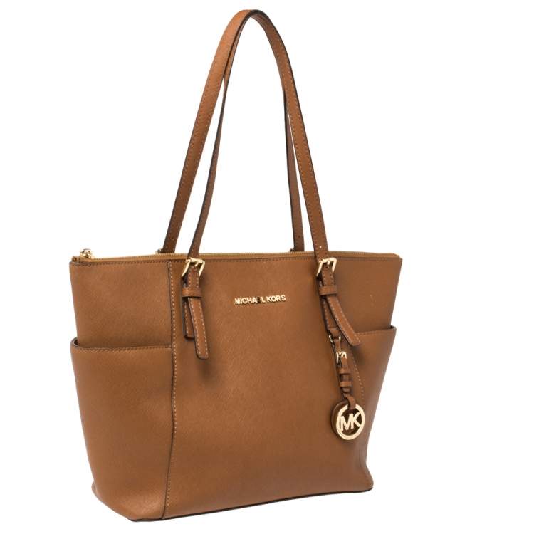 Pre Owned Michael Michael Kors Tan Leather Medium Jet Set Top Zip Tote