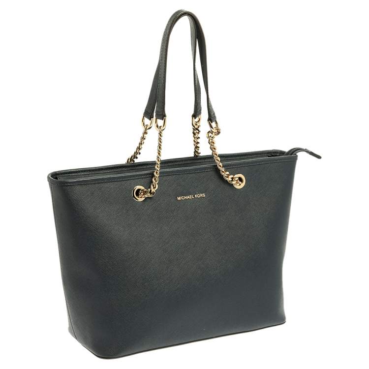 Pre Owned Michael Michael Kors Navy Blue Leather Jet Set Travel Tote