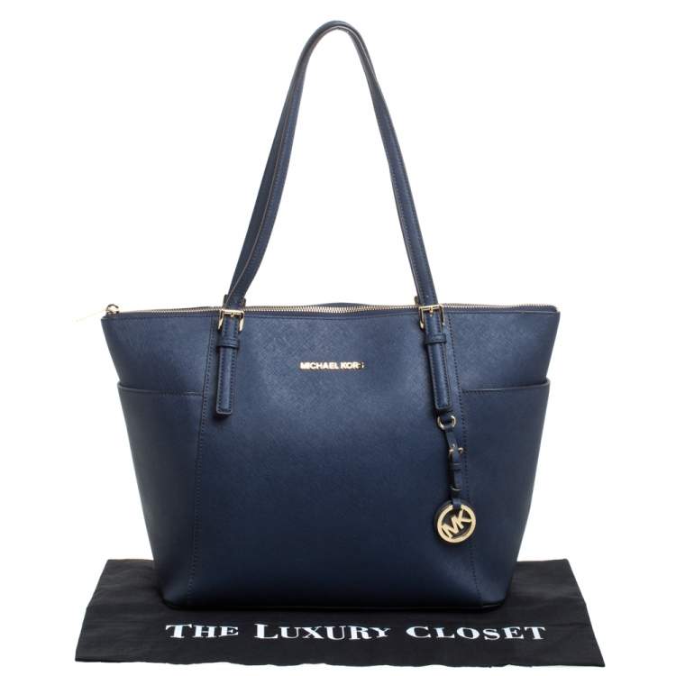Pre Owned MICHAEL Michael Kors Navy Blue Leather Large Jet Set Zip Tote 