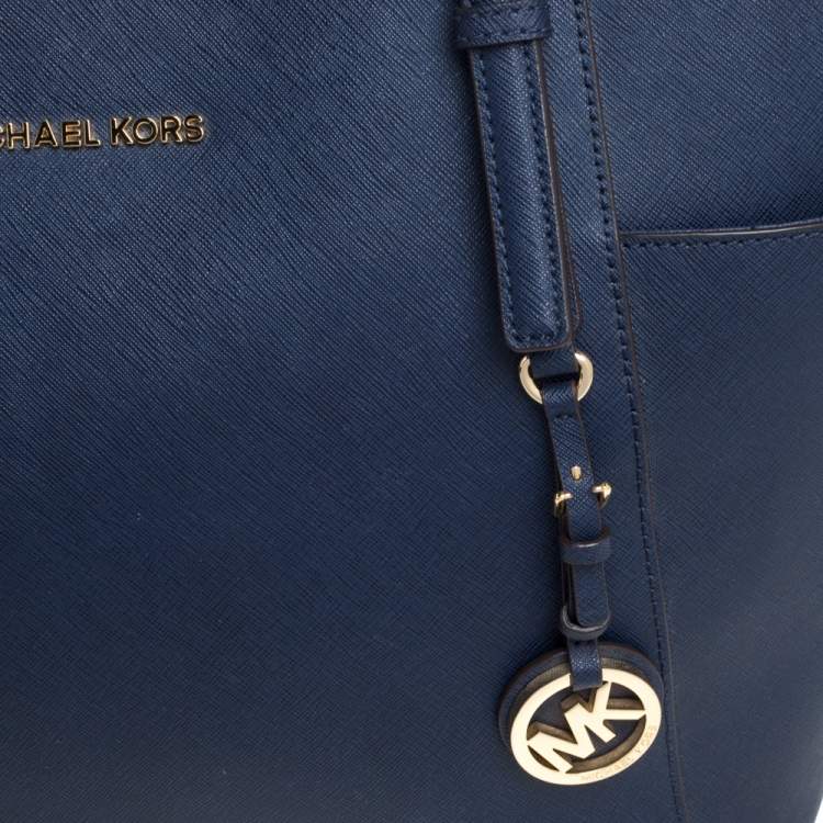 Pre Owned MICHAEL Michael Kors Navy Blue Leather Large Jet Set Zip Tote 