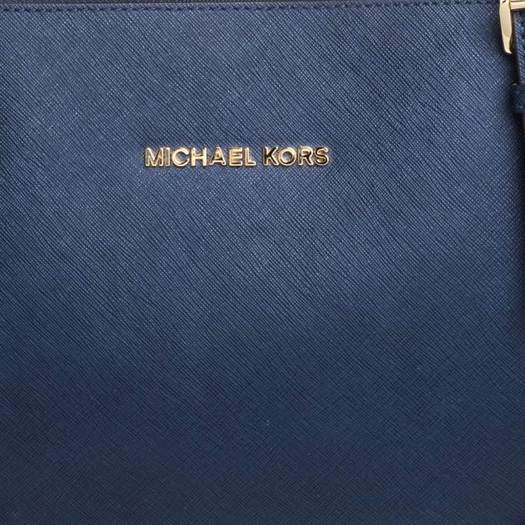 Pre Owned MICHAEL Michael Kors Navy Blue Leather Large Jet Set Zip Tote 