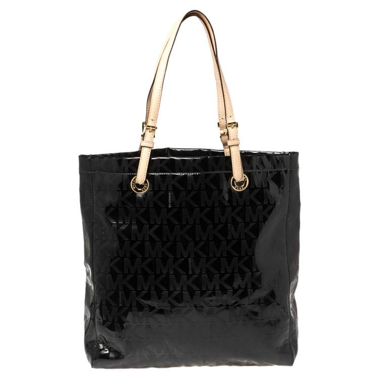 Pre Owned MICHAEL Michael Kors Black Signature Mirror PVC and Leather North South Tote
