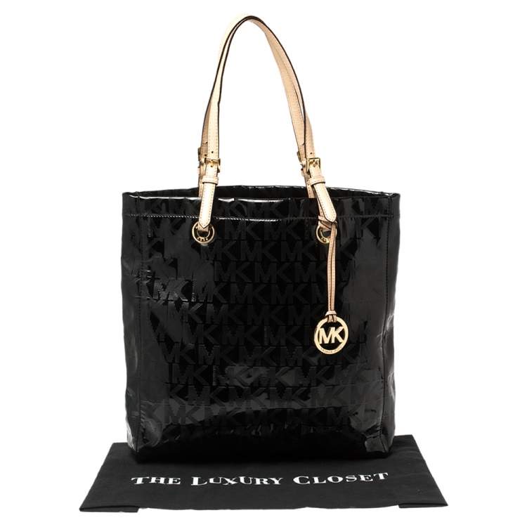 Pre Owned MICHAEL Michael Kors Black Signature Mirror PVC and Leather North South Tote