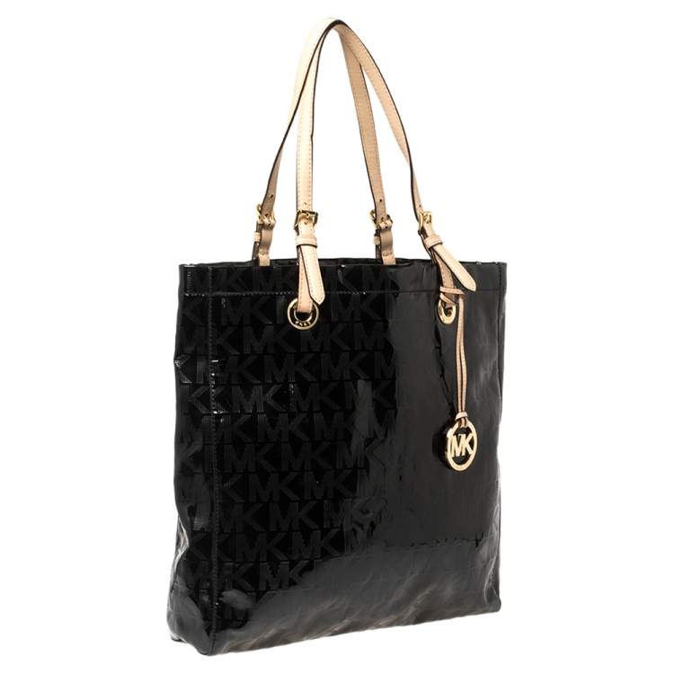 Pre Owned MICHAEL Michael Kors Black Signature Mirror PVC and Leather North South Tote