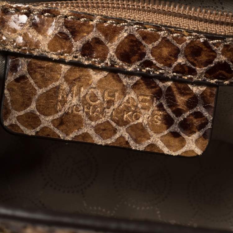 Pre Owned MICHAEL Michael Kors Tan/Black Python Effect Patent Leather Medium Selma Crossbody Bag