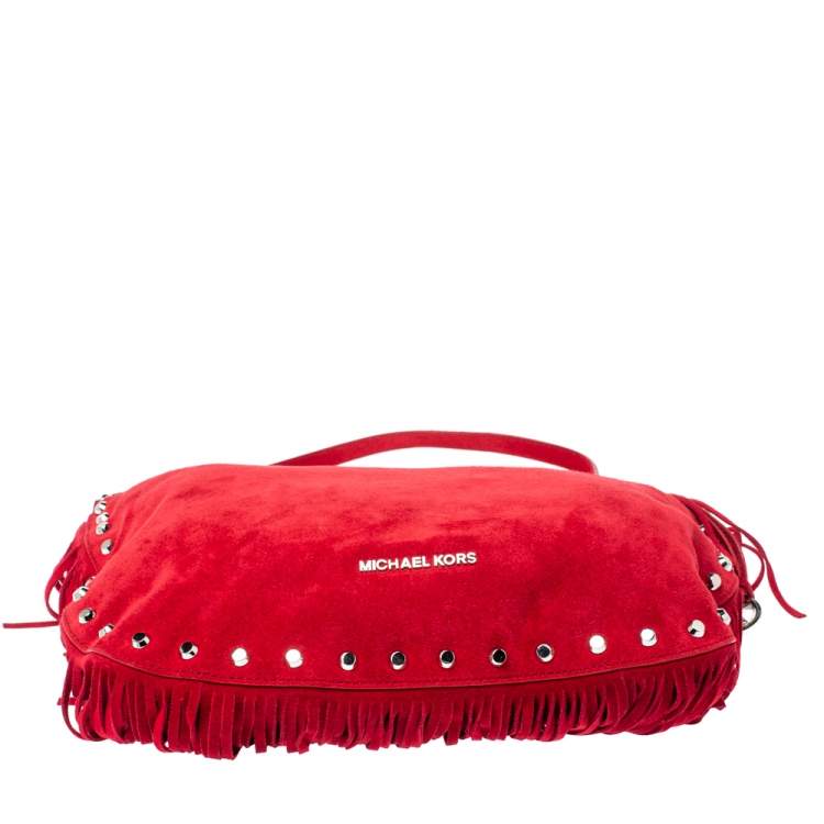 Pre Owned Michael Michael Kors Red Suede Dakota Fringe Crossbody Bag