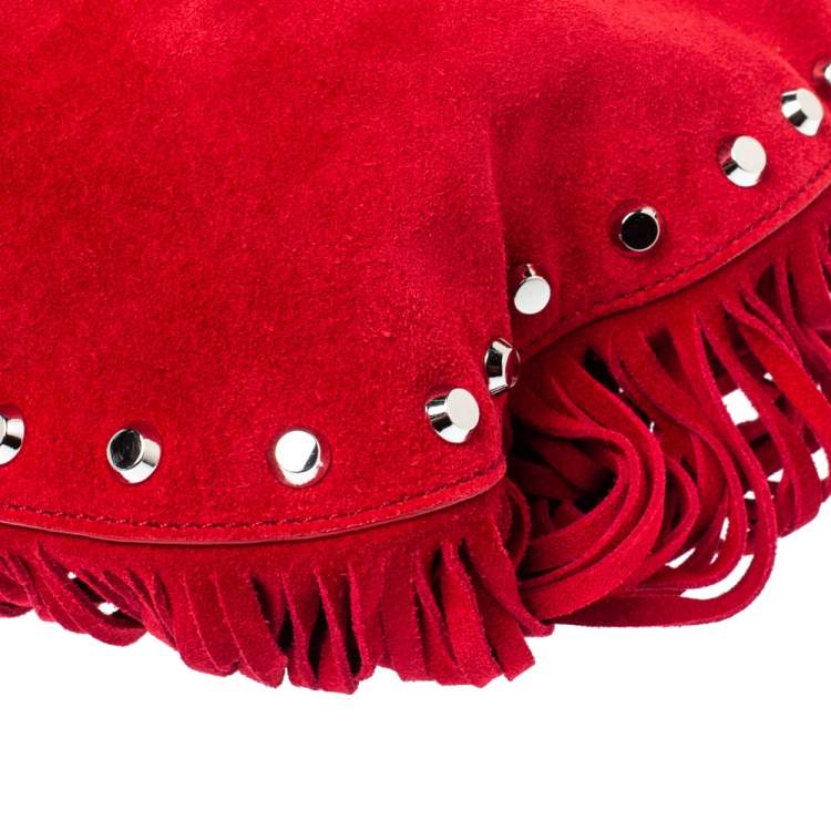 Pre Owned Michael Michael Kors Red Suede Dakota Fringe Crossbody Bag